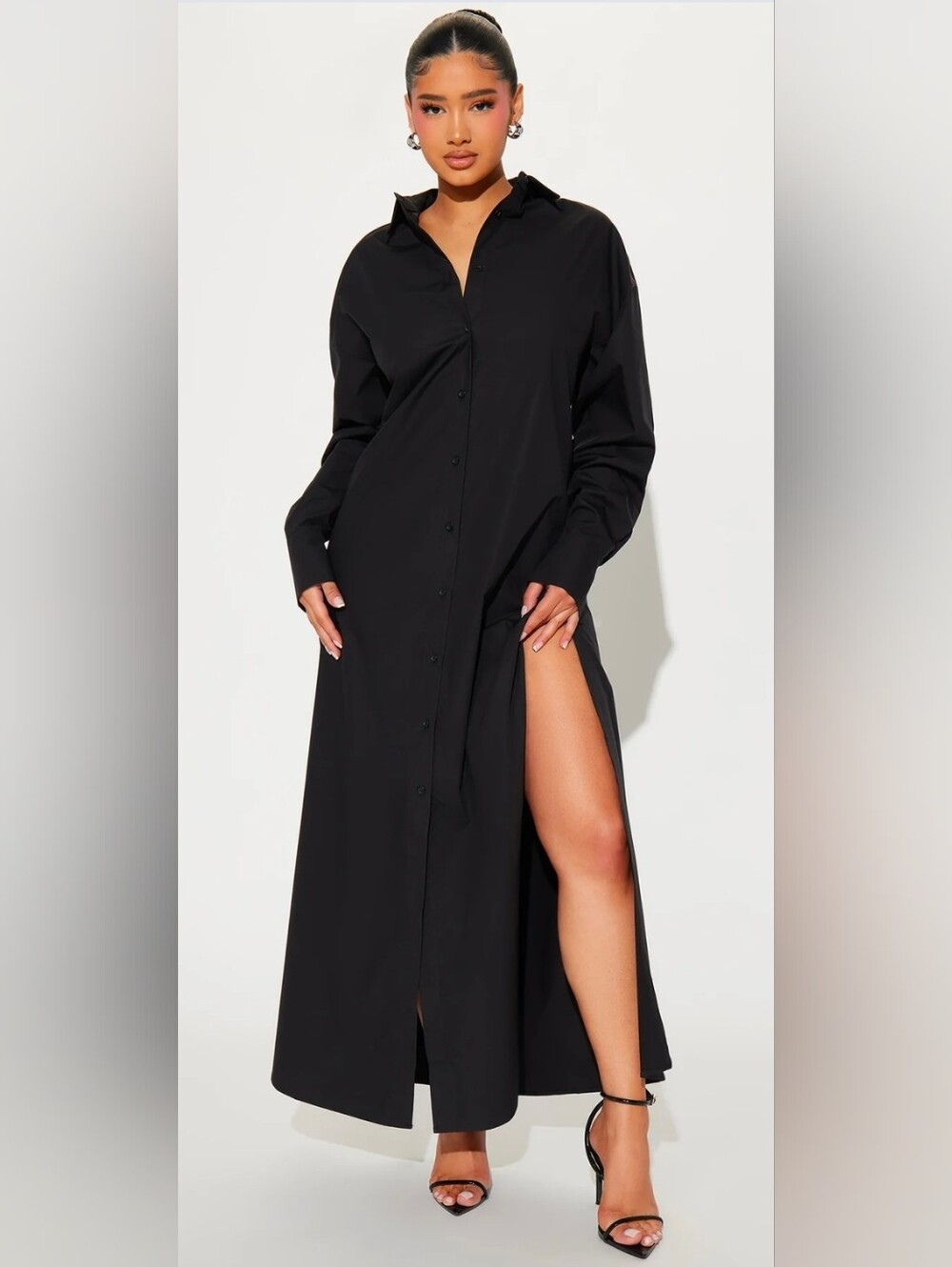 Black Button-Front Maxi Shirt Dress - Women. Super Oversized.
